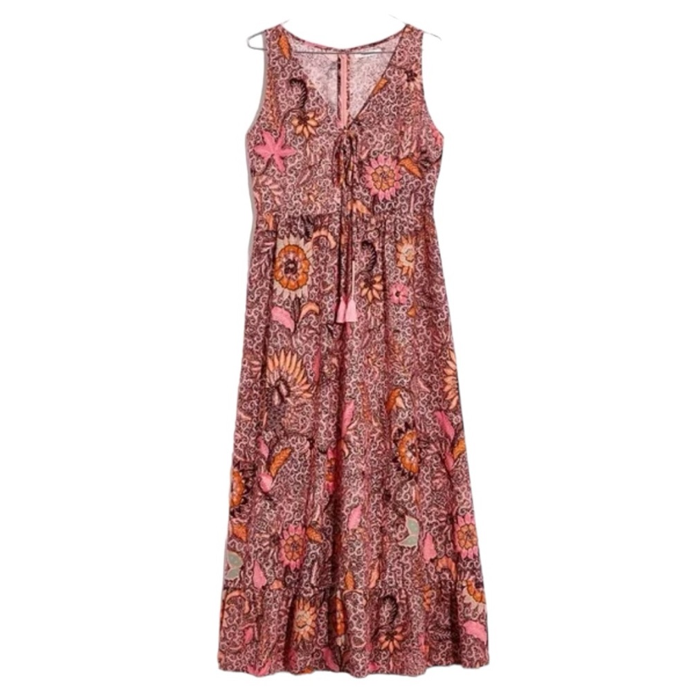 Madewell Lace-Up Ruffle-Hem Midi Dress in Pink Paisley Bali Blooms